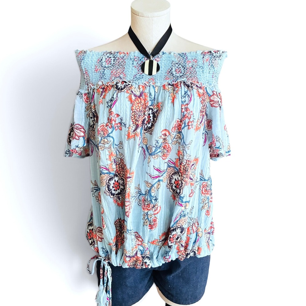 Lane Bryant Blue Floral Cotton Off Shoulder Peasant Top 14/16 Like New
